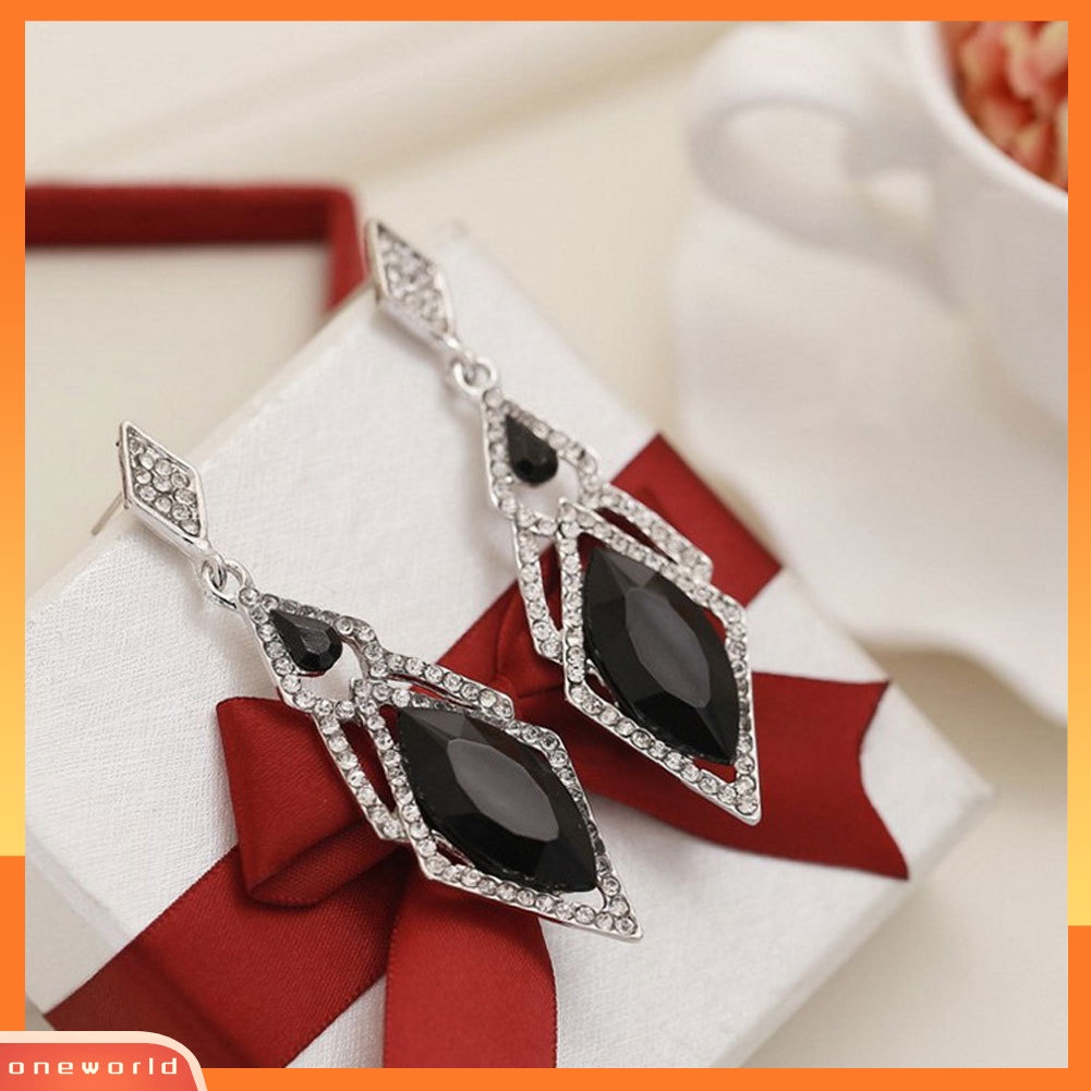 [WOD] Fashion Wanita Belah Ketupat Berlian Imitasi Panjang Menjuntai Stud Earrings Statement Jewelry