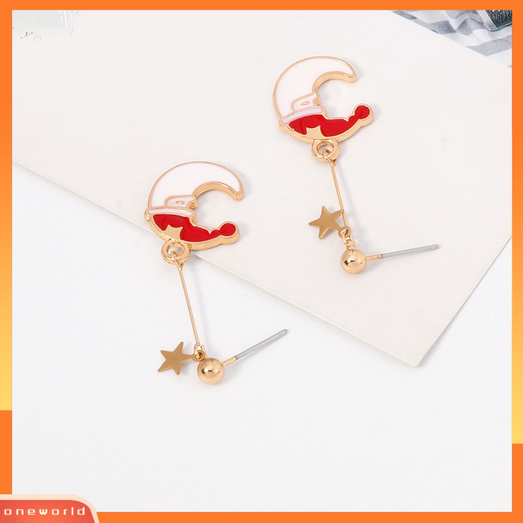 [WOD] Wanita Fashion Bentuk Bulan Topi Natal Anti-Alergi Ear Stud Menjuntai Anting