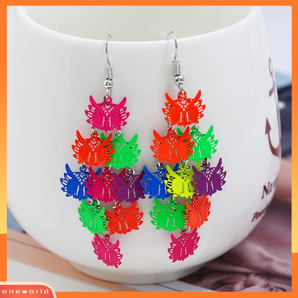 [WOD] Lady Colorful Berongga Burung Hantu Bintang Capung Kupu-Kupu Rumbai Drop Statement Earrings