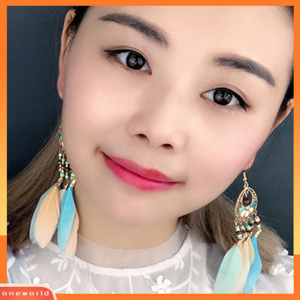[WOD] Boho Wanita Berongga Manik-Manik Oval Warna-Warni Bulu Rumbai Drop Statement Earrings