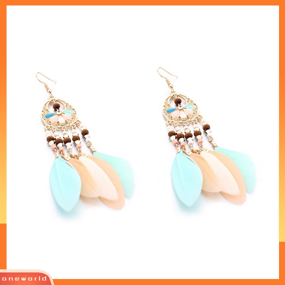 [WOD] Boho Wanita Berongga Manik-Manik Oval Warna-Warni Bulu Rumbai Drop Statement Earrings