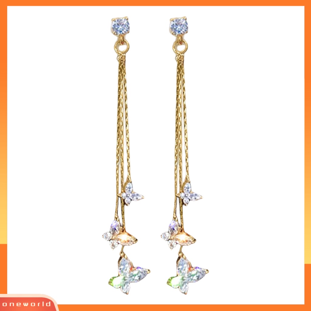 [WOD] 1pasang Wanita Linear Anting Gaya Bohemia Mengkilap Cubic Zirconia Rumbai Bentuk Kupu-Kupu Drop Earrings Perhiasan Pacaran