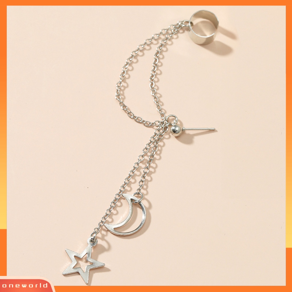 [WOD] 1pc Wanita Klip Anting Warna Solid Stainless Gaya Hip Hop Bentuk Bulan Panjang Rumbai Tulang Rawan Earrings Jewelry