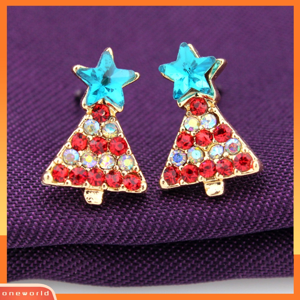 [WOD] Mode Pohon Natal Multicolor Berlian Imitasi Ear Stud Earrings Perhiasan Aksesori