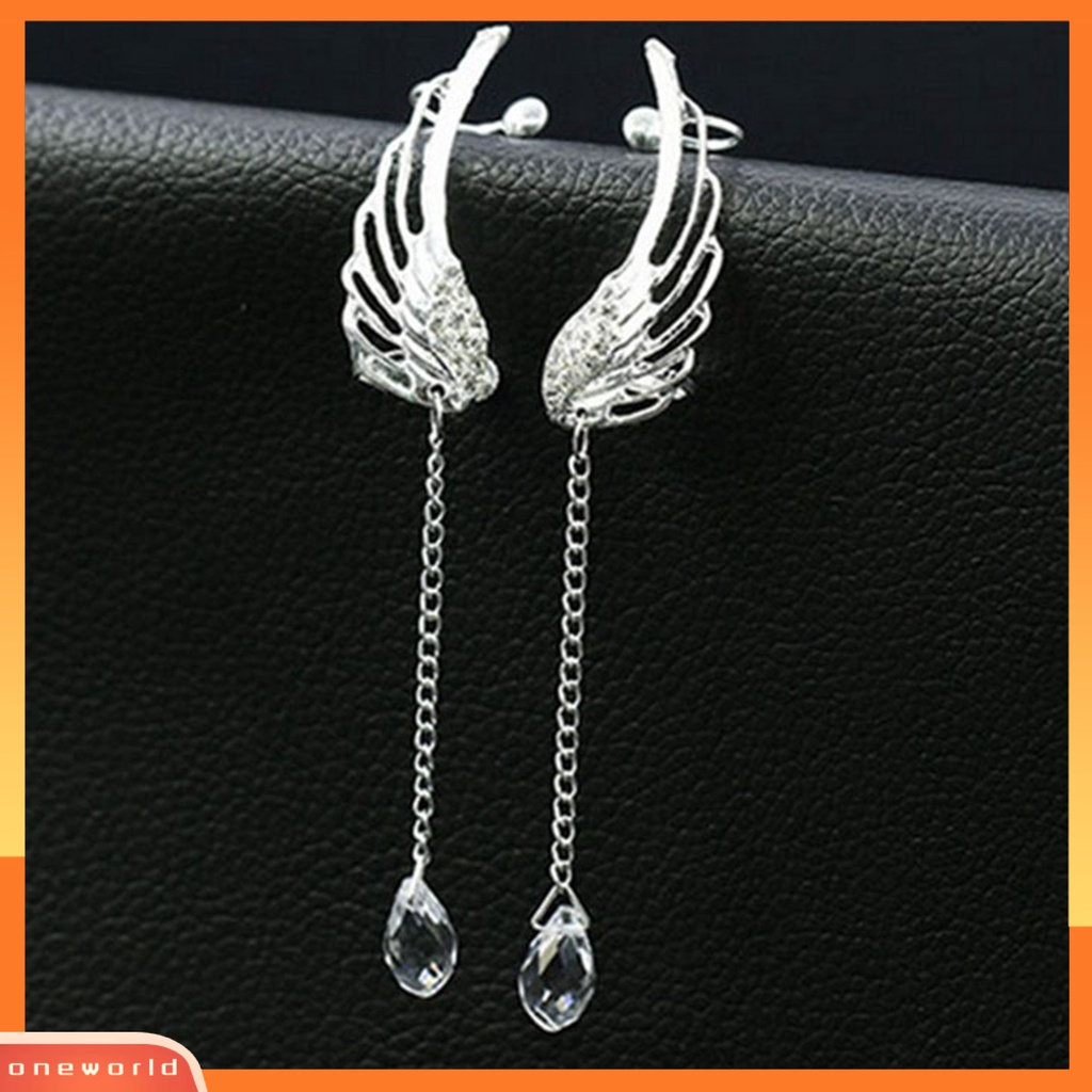 [WOD] 1pasang Wanita Drop Earrings Halus Kristal Imitasi Warna Solid Bentuk Sayap Rumbai Panjang Anting Pernikahan Perhiasan Perempuan