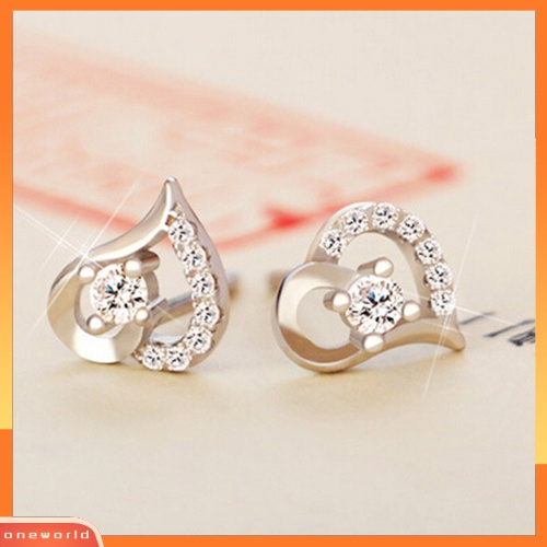 [WOD] Wanita Zirkon Hati925 Sterling Silver Disepuh Telinga Studs Earrings Perhiasan Hadiah