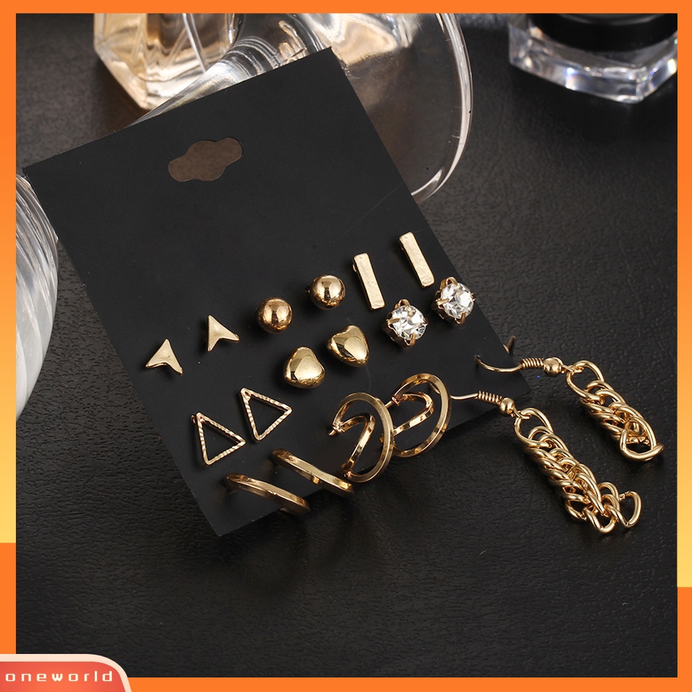 [WOD] 9pasang Fashion Wanita Berlian Imitasi Hati Bentuk Segitiga Ear Stud Hook Earrings