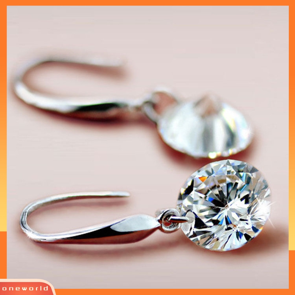 [WOD] Fashion Wanita Elegan Perak Berlapis Zirkon Bulat Telinga Stud Kait Anting Hadiah