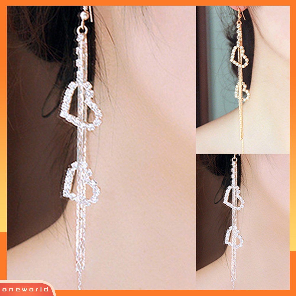 [WOD] Wanita Hati Ganda Rumbai Panjang Berlian Imitasi Linear Hook Menjuntai Duster Earrings