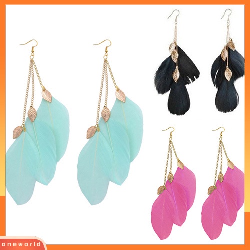 [WOD] Fashion Wanita Daun Bulu Buatan Tangan Panjang Drop Menjuntai Kait Eardrop Anting