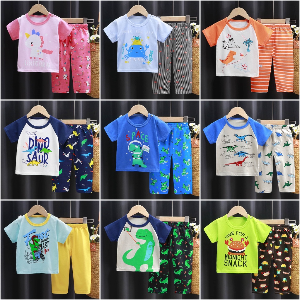 ❤️ 𝐃𝐤𝐢𝐝𝐬 ❤️ BJ003 COD Setelan lengan pendek celana ¾ selutut Baju Anak Bayi Piyama Import Baju Kaos Anak Import Celana Panjang