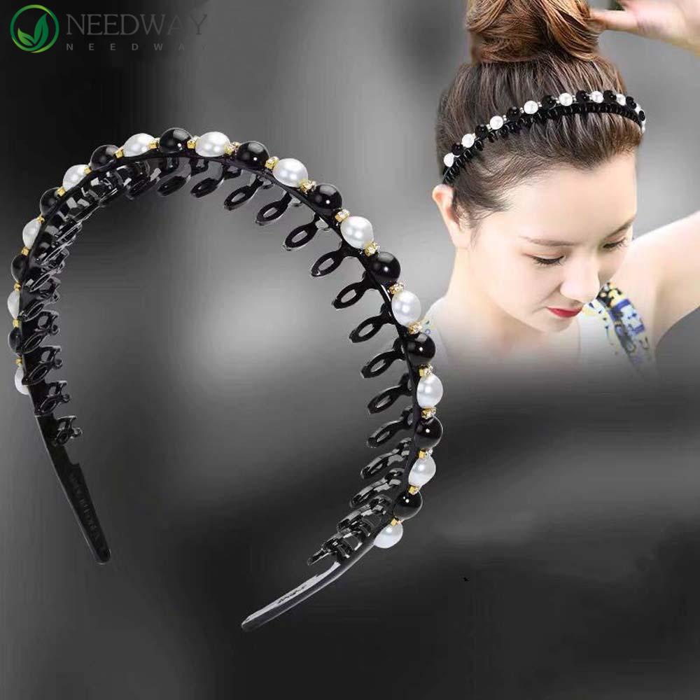 Needway Bando Mutiara Temperamen Bergigi Sederhana Non-slip Korea Berlian Imitasi Rambut Band