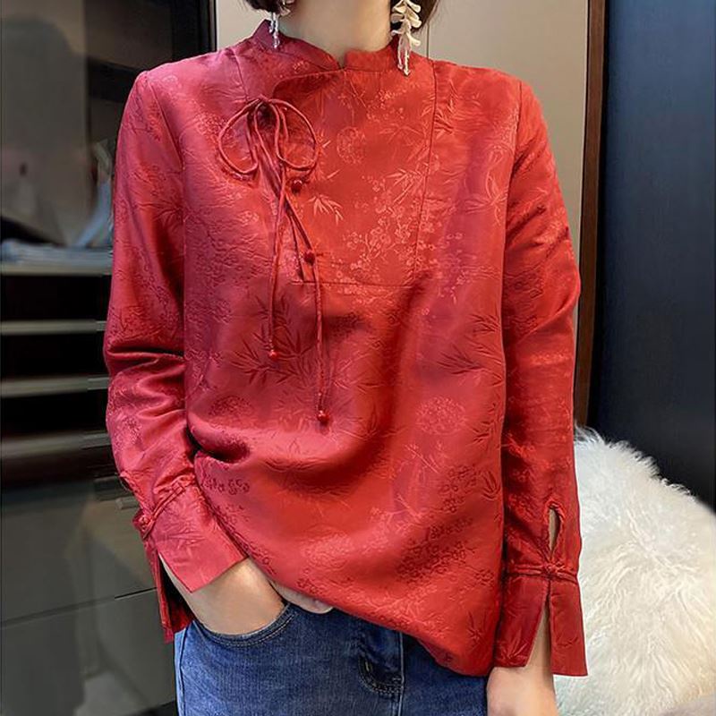 Gaya Cina imitasi baju sutra jacquard merah festif untuk desain minoritas wanita perasaan berdiri