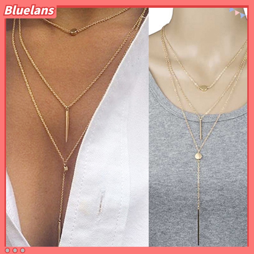 [BLS] Kalung Rantai Mewah Liontin Bar Tiga Lapis Bahan Alloy Untuk Pacaran