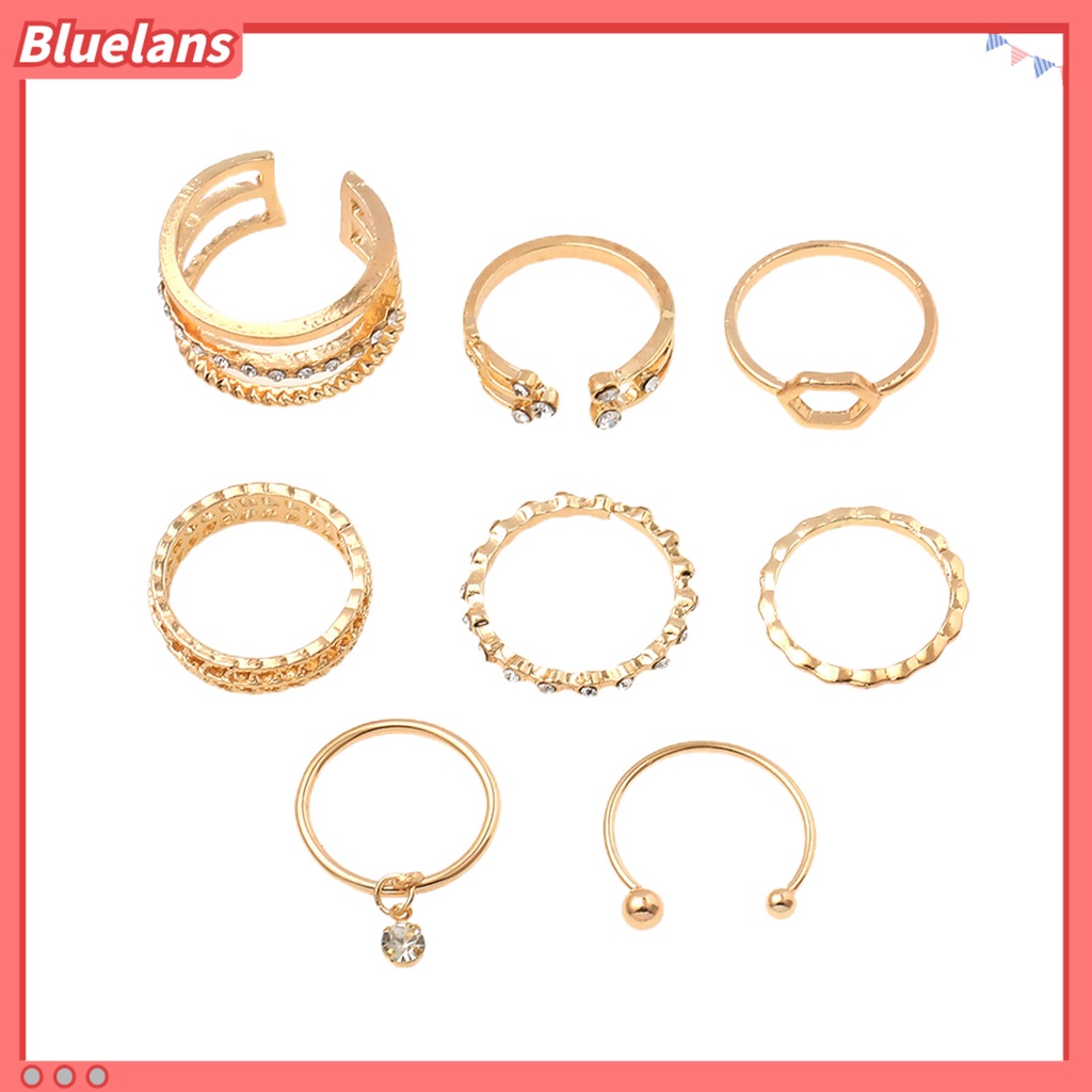 [BLS] 8pcs Cincin Wanita Geometris Berlian Imitasi Lady Shiny All Match Hexagon Rings Untuk Pacaran