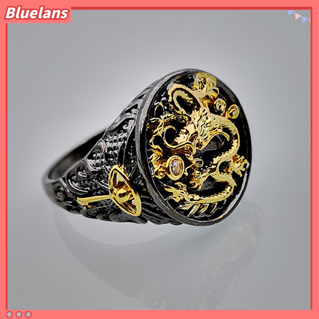 [BLS] Pria Cincin Berlapis Emas Two-tone Vintage Geometris Electroplating Dekorasi Hadiah Naga Cina Laki-Laki Jari Cincin Aksesoris Perhiasan Untuk Hadiah