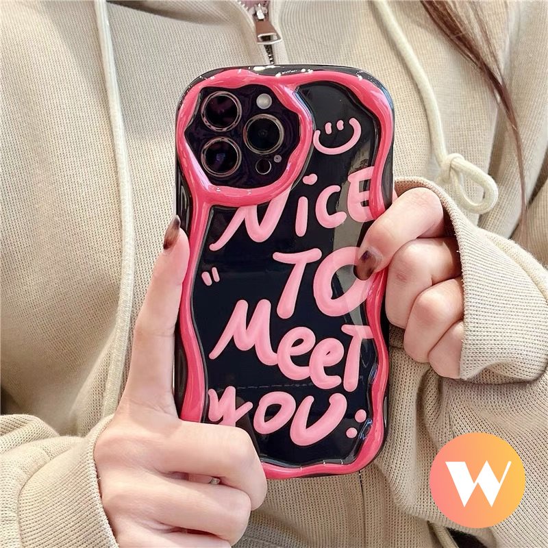 Telepon Kompatibel Untuk IPhone 7plus 11 14 13 12 Pro Max6 7 6s 8plus Se2020Xr X XS Max Ins Fashion Art Huruf Smile 3D Wavy Curved Edge Shockproof Airbag Glossy Tpu Soft Case