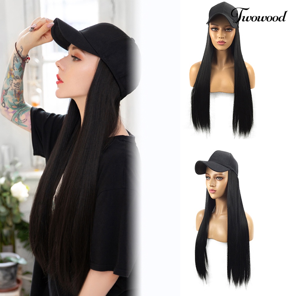 Twowood Charming Women Long Straight Rambut Sintetis Ekstensi Wig Sopak Dengan Topi