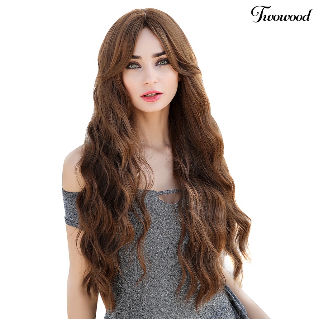 Twowood Wanita Fashion Panjang Bergelombang Keriting Rambut Pesta Cosplay Sintetis Alami Penuh Wig