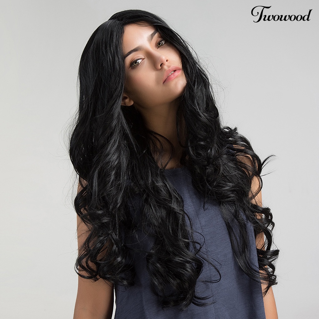 Twowood Wig Gelombang Panjang Permukaan Halus Bernapas Lembut Berbulu Wig Gelombang Tubuh Cosplay Hitam Untuk Perempuan