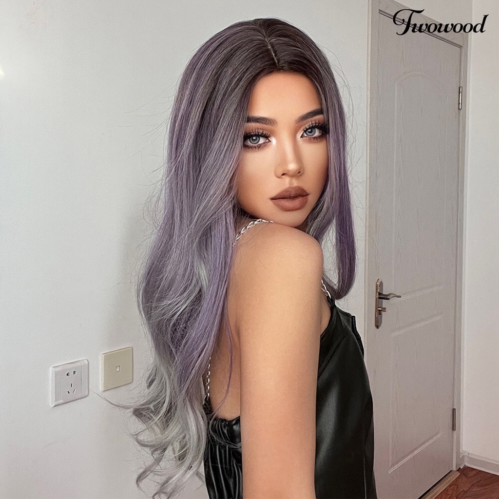 Twowood Gradient Wig Digunakan Kembali Fashion Berbulu Menarik Universal Lady Alat Kecantikan Ringan Medium Brown Gradient Ungu Abu Wig Keriting Panjang Untuk Rumah