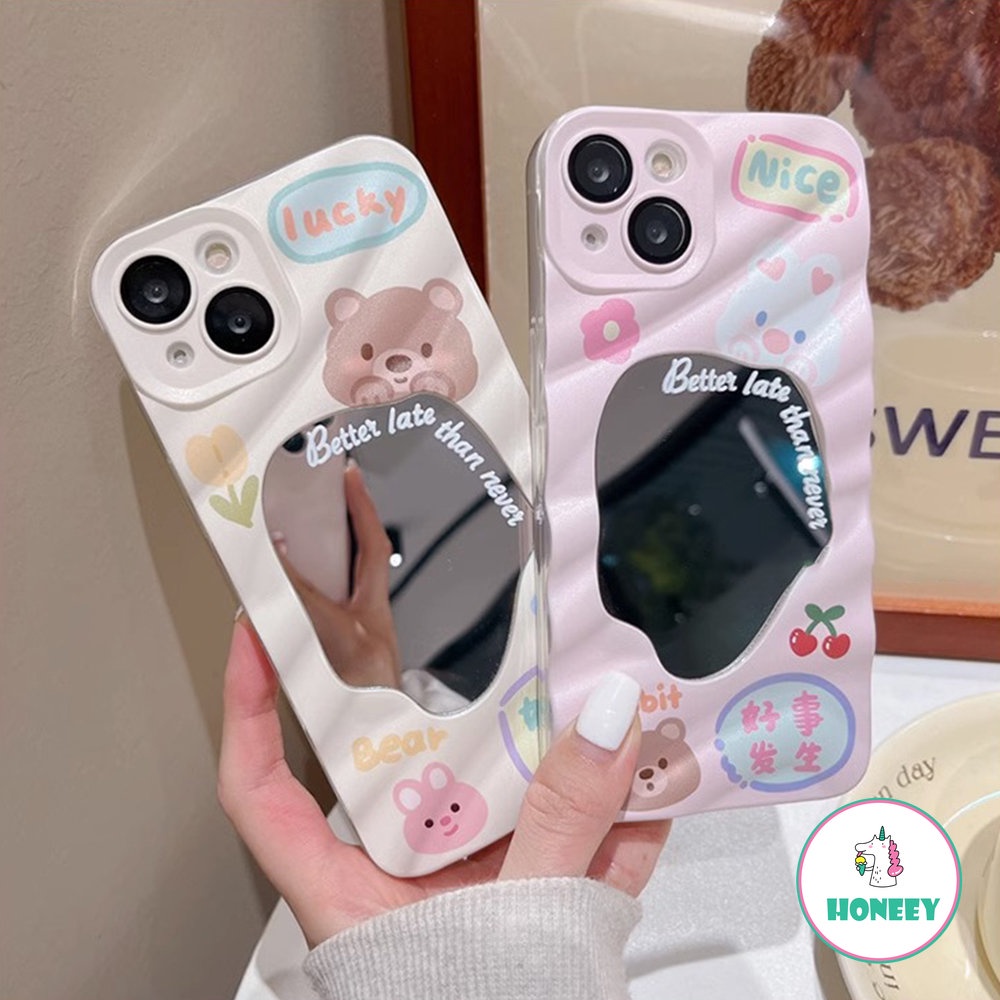 IPHONE Kartun Lucu Beruang Kelinci Cermin 3D Gelombang Case Kompatibel Untuk Iphone13 14 11 12 Pro Max Kamera Lensa Film Cover Pelindung