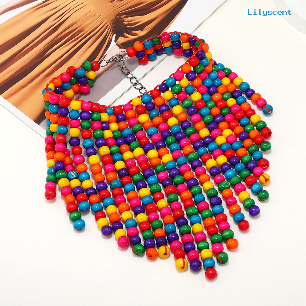 [LS]Wanita Kalung Vintage Multilayer Manik-Manik Warna-Warni Buatan Tangan Kepribadian Menawan Boho Rumbai Manik-Manik Kayu Bib Kalung Aksesoris Pesta