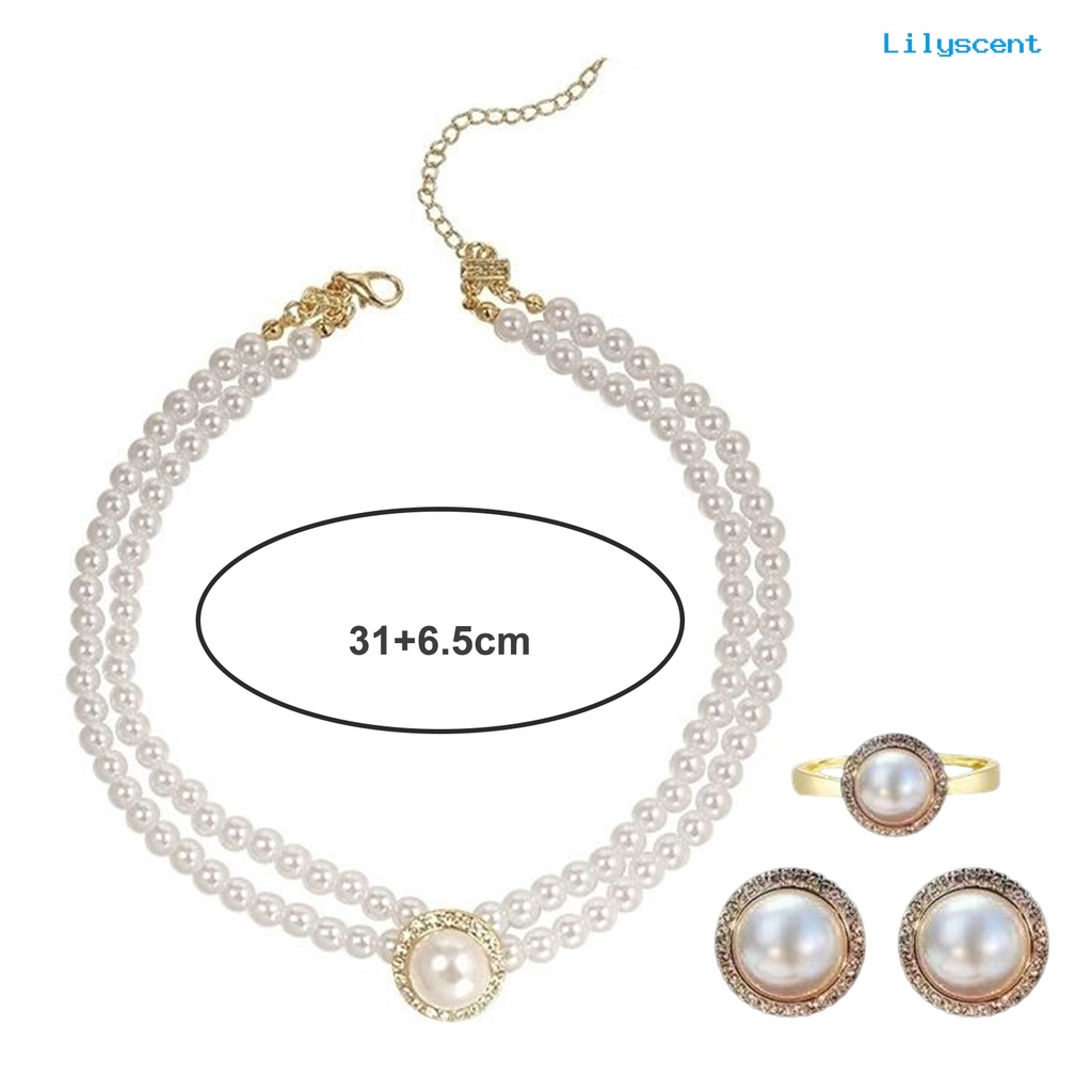 [LS]1 Set Kalung Pengantin Gaya Perancis Vintage Temperamen Double Layer Elegan Hadiah Hypoallergenic High Gloss Mutiara Imitasi Anting Cincin Perhiasan Pernikahan