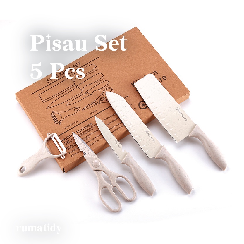 【RUMATIDY】 Pisau Motif Keramik Set Isi 5 Stainless Steel Knife Pisau Daging Pisau Buah Pisau Dapur Gunting Peeler