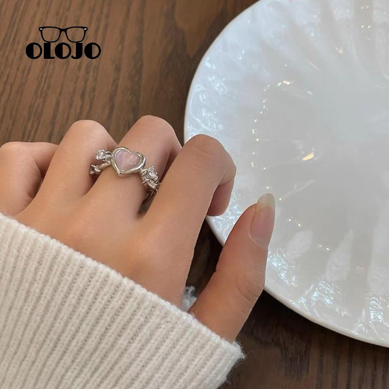 [Olojo Cincin Kawin Perempuan Manis Keren Fashion Duri Opal Zirkon Cincin Desain Rasa Cinta Merah Muda