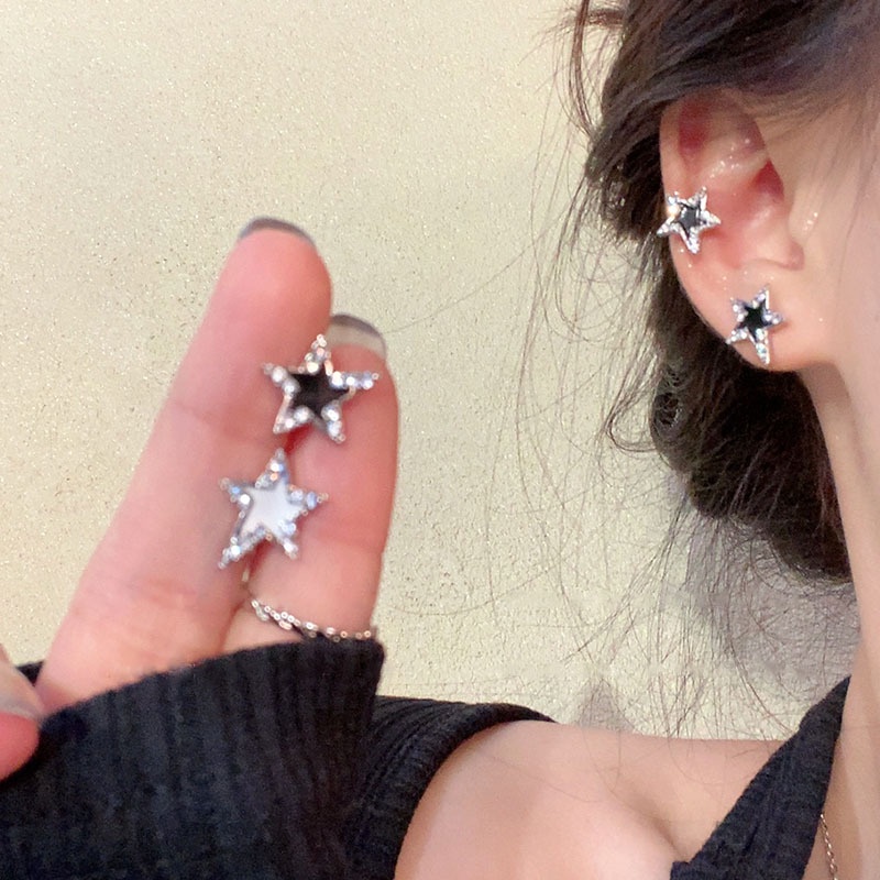 Anting Hitam Putih Bintang Zirkon Anti Karat Perhiasan Telinga Feminim Grosir