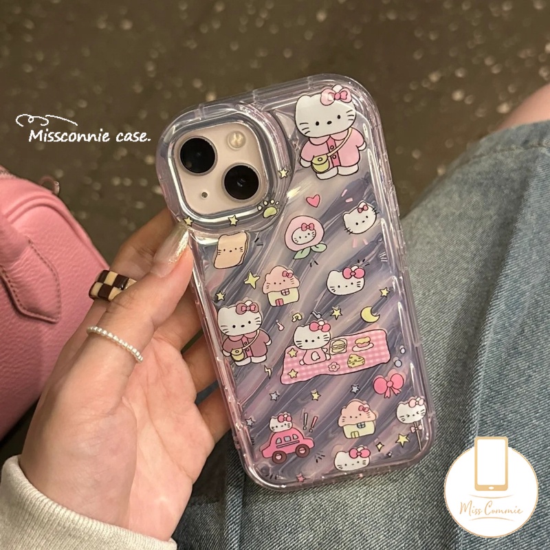 Doodle Kartun Lucu Hello Kitty Kartu Laser Casing Bening Kompatibel Untuk IPhone XR 11 12 13 14 Pro MAX 78 Plus 6 6S 7 8 Plus X XS MAX SE 2020 Sarung Pola Kerut Stereo 3D