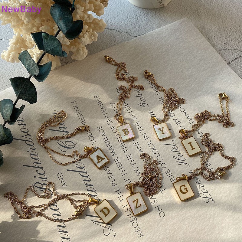 Newbaby Kalung Rantai Emas Persegi Natural Shell Huruf Inisial Liontin Perhiasan ID