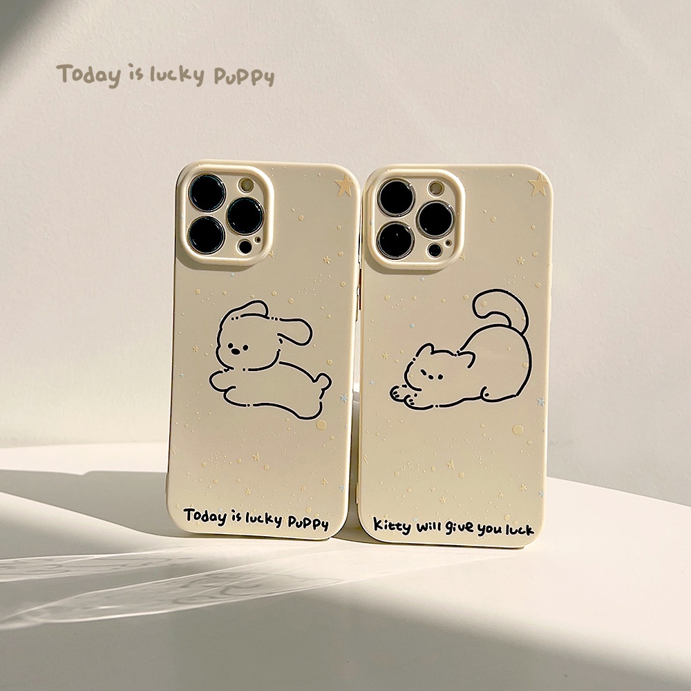 IPHONE Ins Cream Kuning Sketsa Hewan Lucu Kartun Duppy Anjing Kucing Perlindungan Penuh Ponsel Case Cover Untuk Iphone11 12 13 14 PLUS PRO MAX