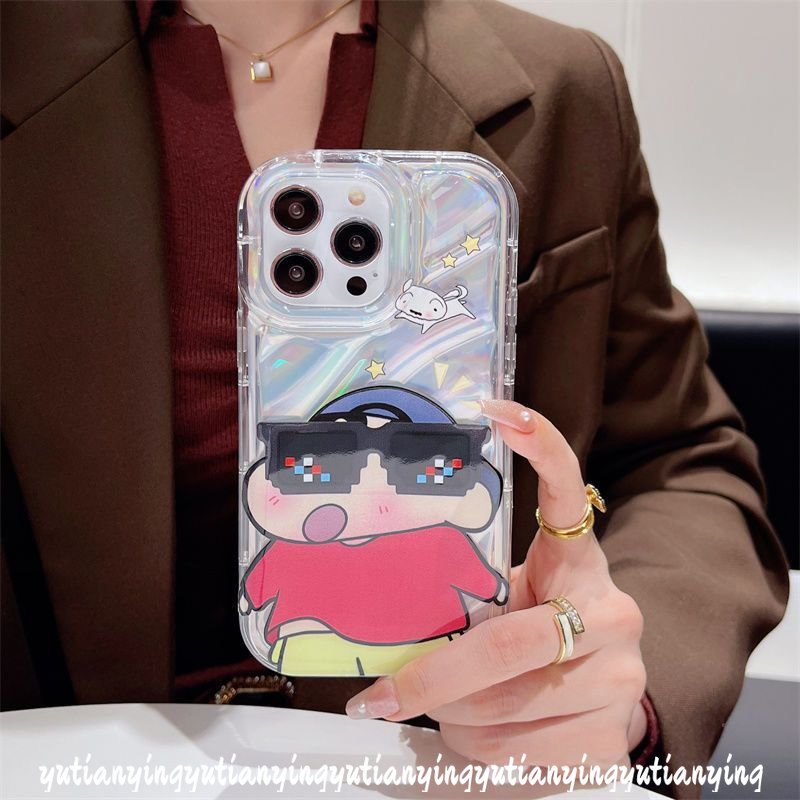 Kacamata Hitam Keren Crayon Shin-Chan Casing Kartu Laser Mewah Kompatibel Untuk IPhone XR XS X Max11 14 12 13 Pro Max 7Plus 6 6S 8plus Se2020 Dazzle Color 3D Stereo Corrugation Soft Case