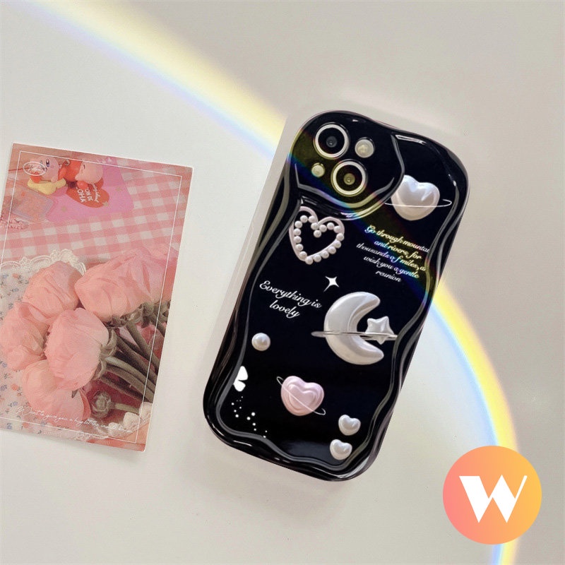 IPHONE Case Kompatibel Untuk Iphone11 14 12 13 Pro Max 7Plus 8Plus XR 6s 6 7 8 Plus X XS Max SE 2020 3D Wavy Curved Edge Romantic Bulan Bintang Cinta Hati Alphabet Cover