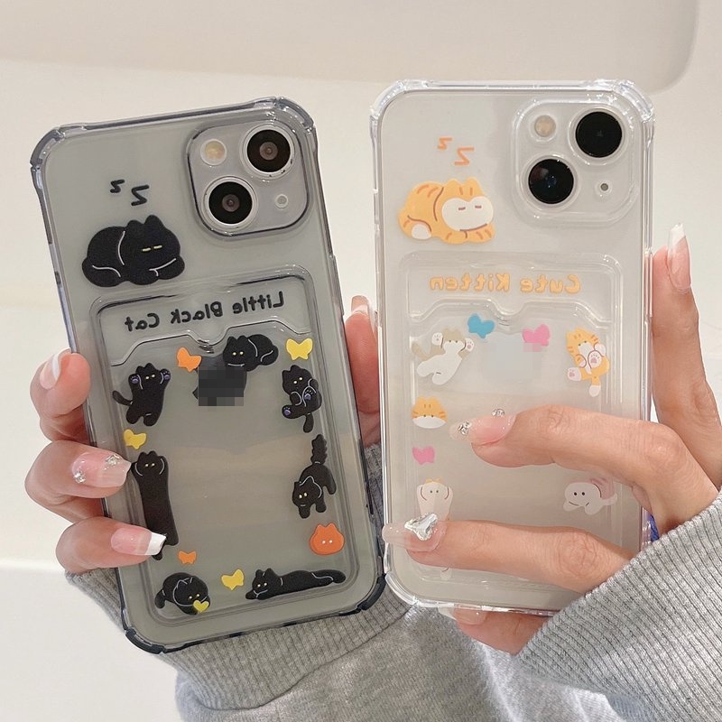 Card Case Sleep Black Cat Soft Case HP iP iPhone 14 13 12 11 Pro X XS XR Max 7 8 + Plus FTD Casing Apple