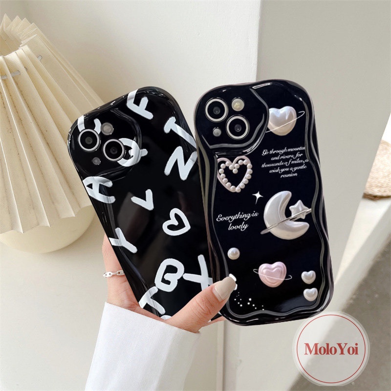 Case Alfabet Cinta Hati Bulan Romantis Kompatibel Untuk IPhone 7Plus XR X XS Max 6 6s 7 8 Plus 8plus11 12 13 14 Pro Max SE 2020 3D Wavy Curved Edge Cover