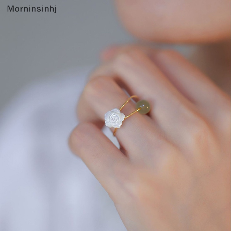 Mornin Vintage Fashion Hotan Jade White Rose Flower Open Rings Untuk Wanita Cincin Yang Dapat Disesuaikan Pesta Pernikahan Perhiasan Hadiah id