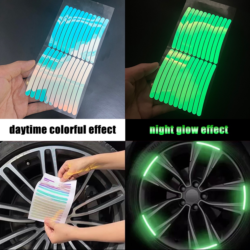 [Fitur] 20pcs Colorful Luminous Tire Rim Decal Stickers High Reflektif Tape Hub Roda Mobil Strip Reflektif Keamanan Malam Mengemudi Tape Peringatan Untuk Motor Sepeda