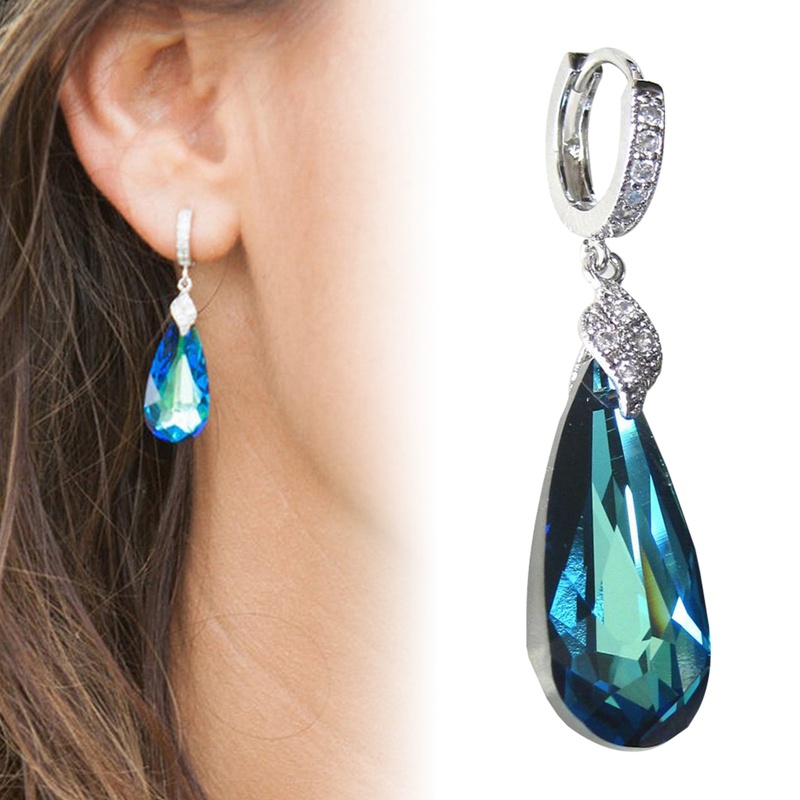 Blue Pear Cubic Zirconia Drop Earrings Mewah Wanita Aksesoris Pernikahan Mempesona Hoop Earrings