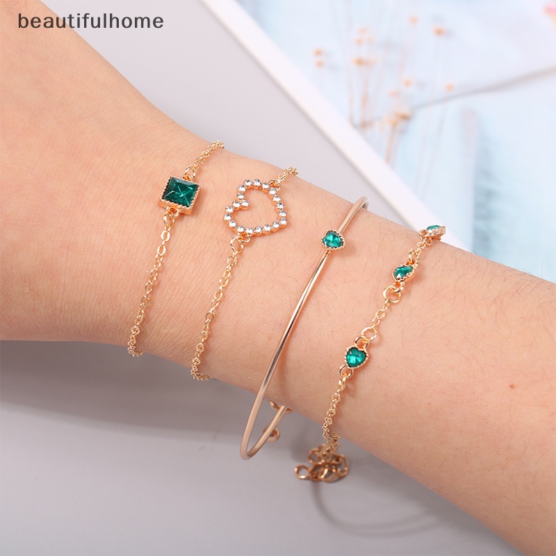 {beautifulhome} 4pcs/set Bertatahkan Batu Permata Hijau Gelang Set Perhiasan Untuk Wanita Gadis Jantung Gelang Pernikahan Pertunangan Gelang Fashion Pesta Perhiasan Hadiah.