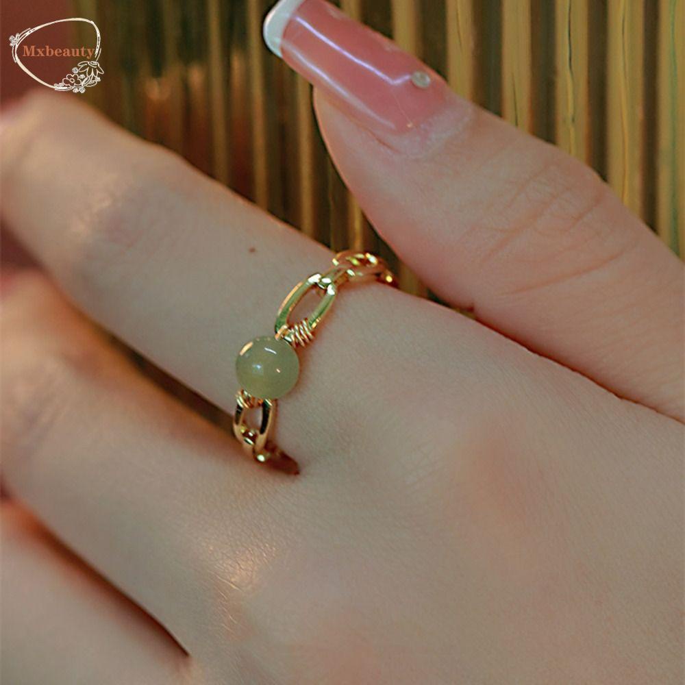 Mxbeauty Hetian Cincin Giok Kepribadian Sederhana Emas Jari Gesper Geometris Hijau Gaya Cina Ring