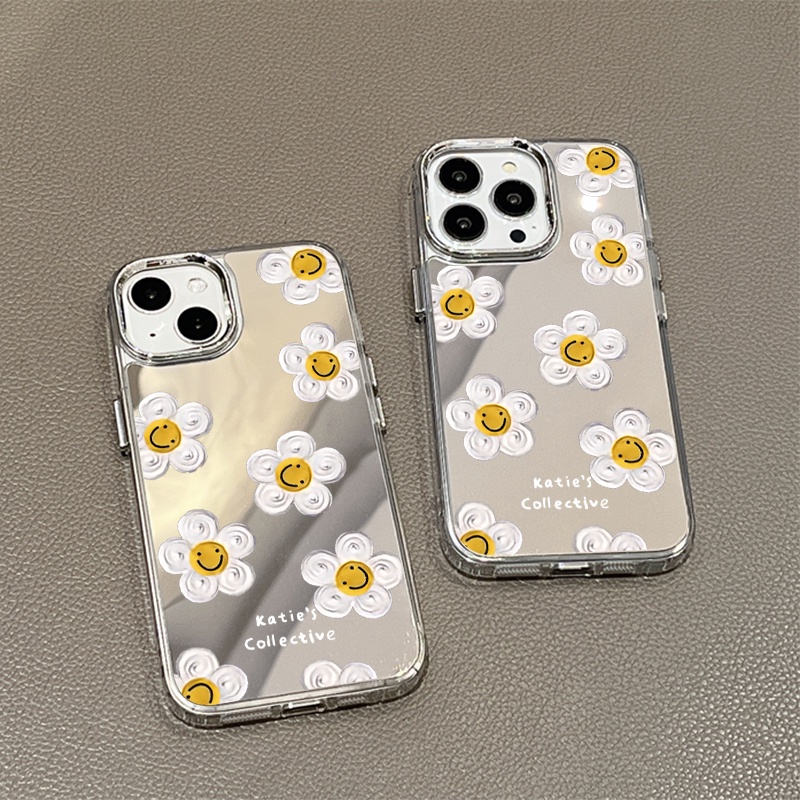 IPHONE Tulis Emoji Flower Mirror Phone Case Kompatibel Untuk Iphone11 12 13 14 12Pro 13Pro 14Pro Pro Max XR X XS Max Electroplating Tombol Perlindungan Mirror Cover