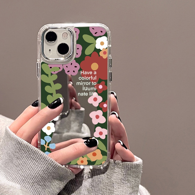 IPHONE Casing Ponsel Cermin Bunga Kartun Warna-Warni Kompatibel Untuk Iphone11 12 13 14 12Pro 13Pro 14Pro Pro Max XR X XS Max Electroplating Tombol Perlindungan Mirror Cover