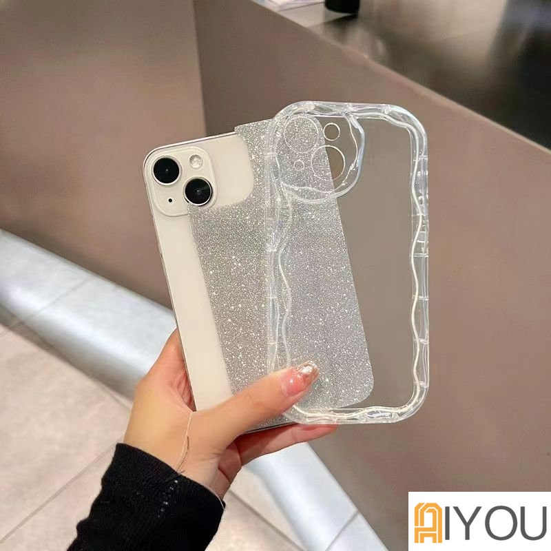 IPHONE Ins Gradiasi Glitter Bening Ponsel Case Untuk Iphone14 13 12 11 Pro Max X XR Xs7 8 Plus S2022 Curly Wavy Frame Shockproof Cover