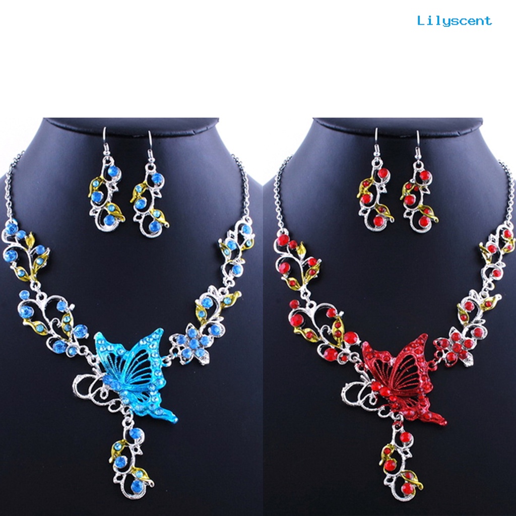 [LS]Lady Bridal Vinatge Butterfly Flower Bib Statement Kalung Anting Set Perhiasan