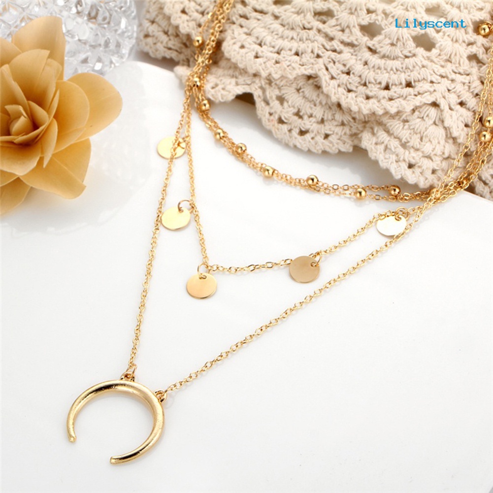 [LS]Boho Wanita Choker Bulan Liontin Manik-Manik Multi Lapisan Kalung Fashion Perhiasan