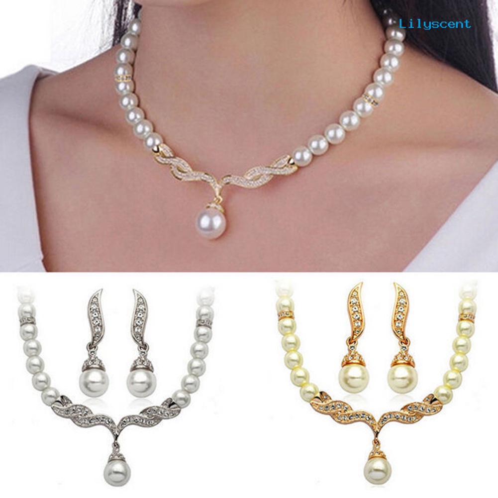 [LS]Bridal Wanita Kalung Mutiara Imitasi Berlian Imitasi Charms Pernikahan Anting Set Perhiasan