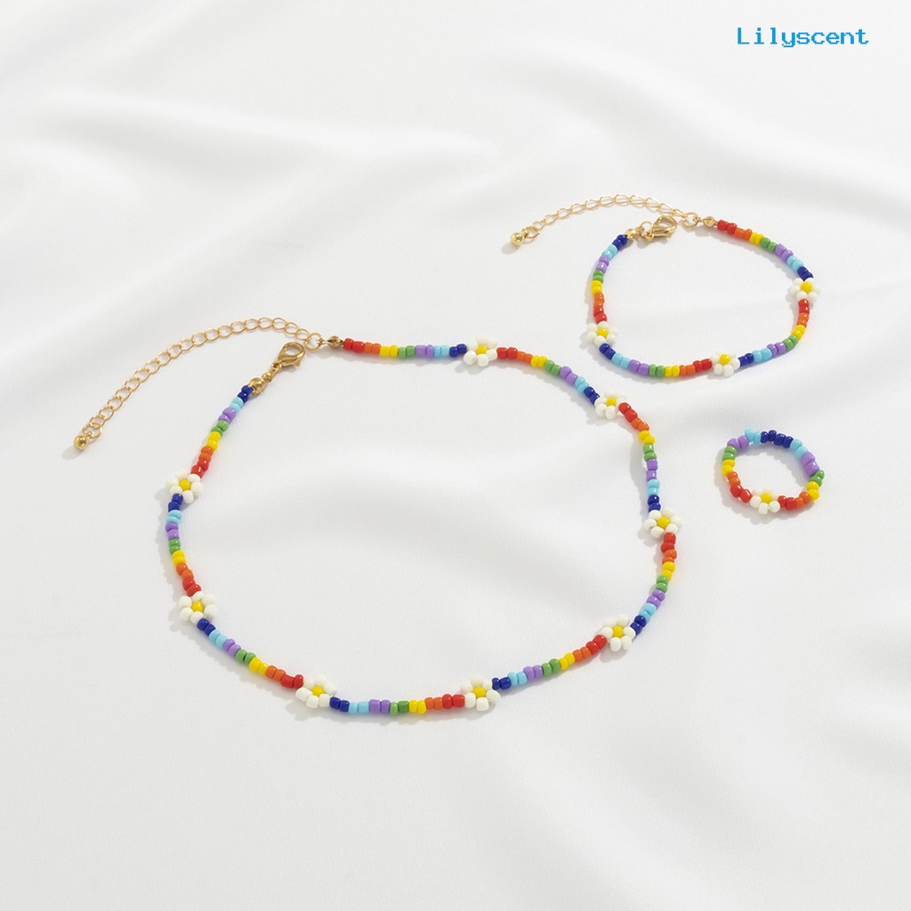 [LS]1 Set Kalung Gelang Cincin Manik-Manik Perhiasan Warna-Warni Handmade Set Perhiasan Manik-Manik Bunga Untuk Pantai